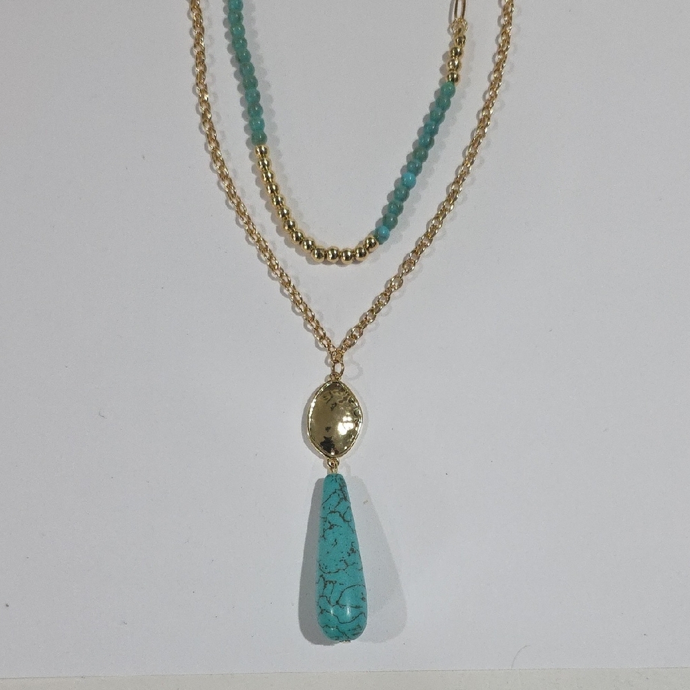 Calvin Klein Gold Plated Layered Necklace w/ Turquoise Beads & Pendant – Jewelry - Picture 2 of 9